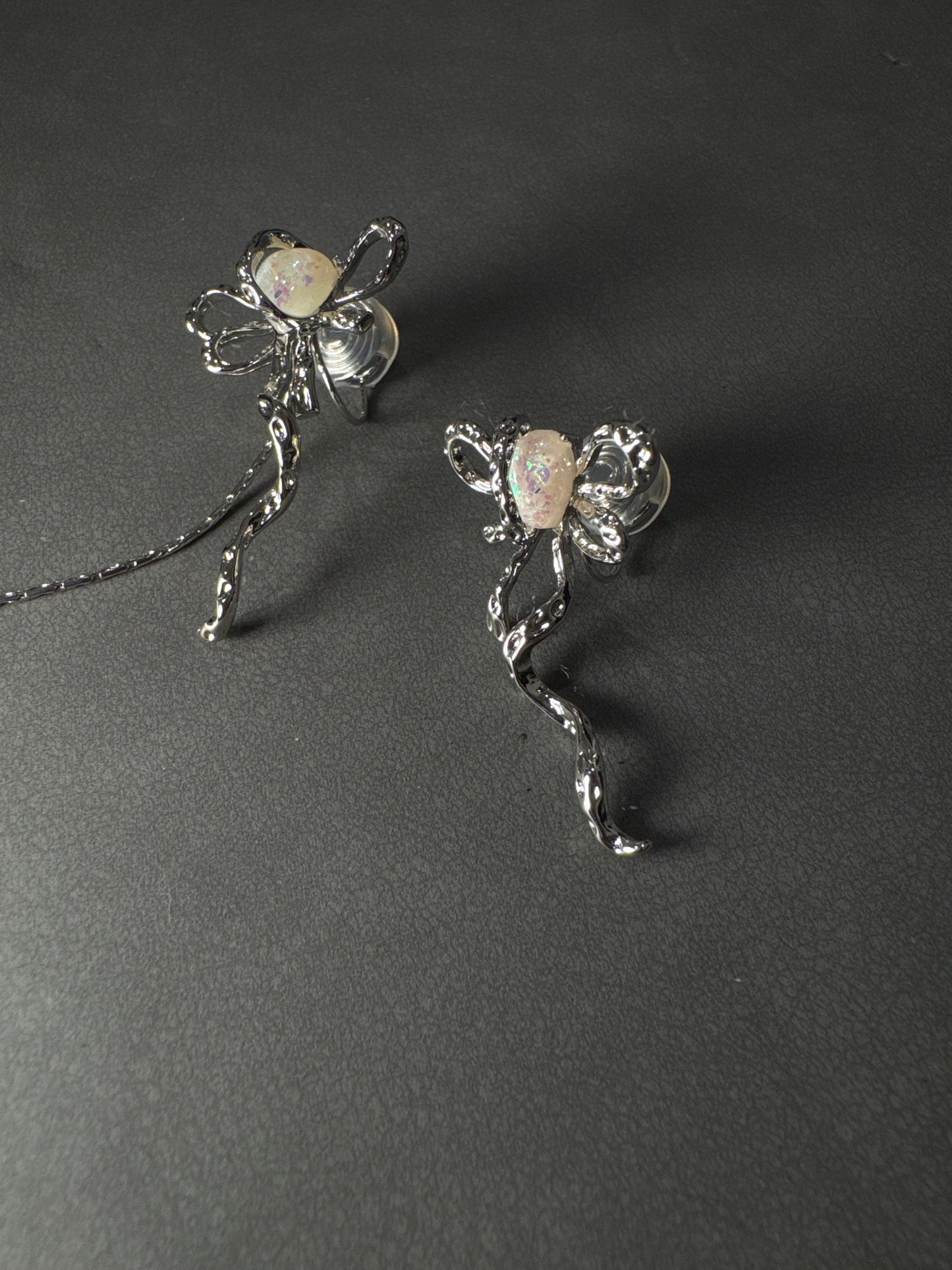 Silver Metal Bow Mismatch Clip On Earrings