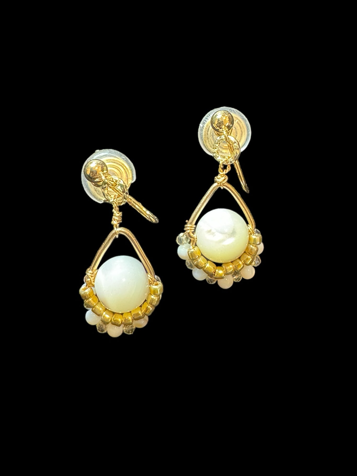 Golden Beaded and Pearly Drop Clip-On Earrings โ€“ Handmade Non-Pierced Jewelry. pearl, gold-tone clip-on earrings for women.