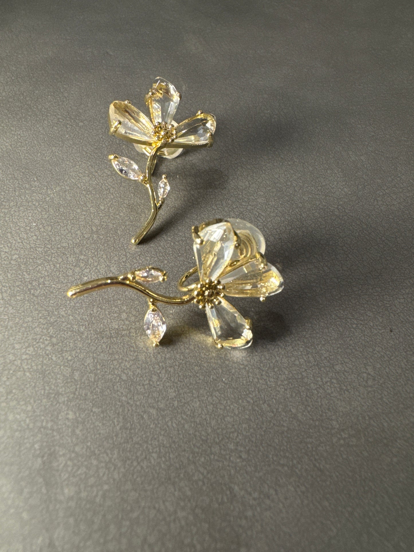 Golden Zircon Half Flower Crystal Clip On Earrings