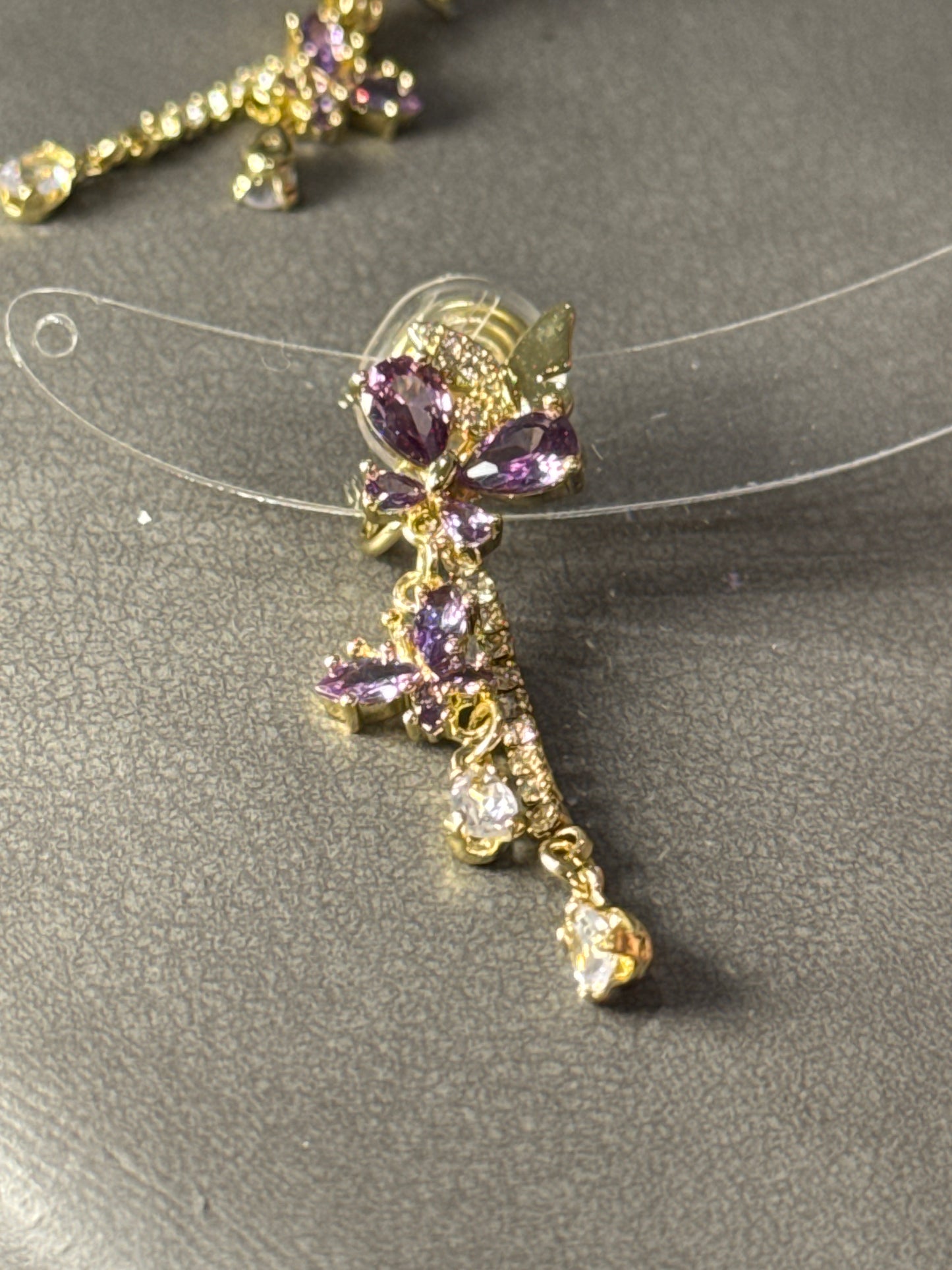 Purple Zircon Butterfly Cup Chain Clip On Earrings
