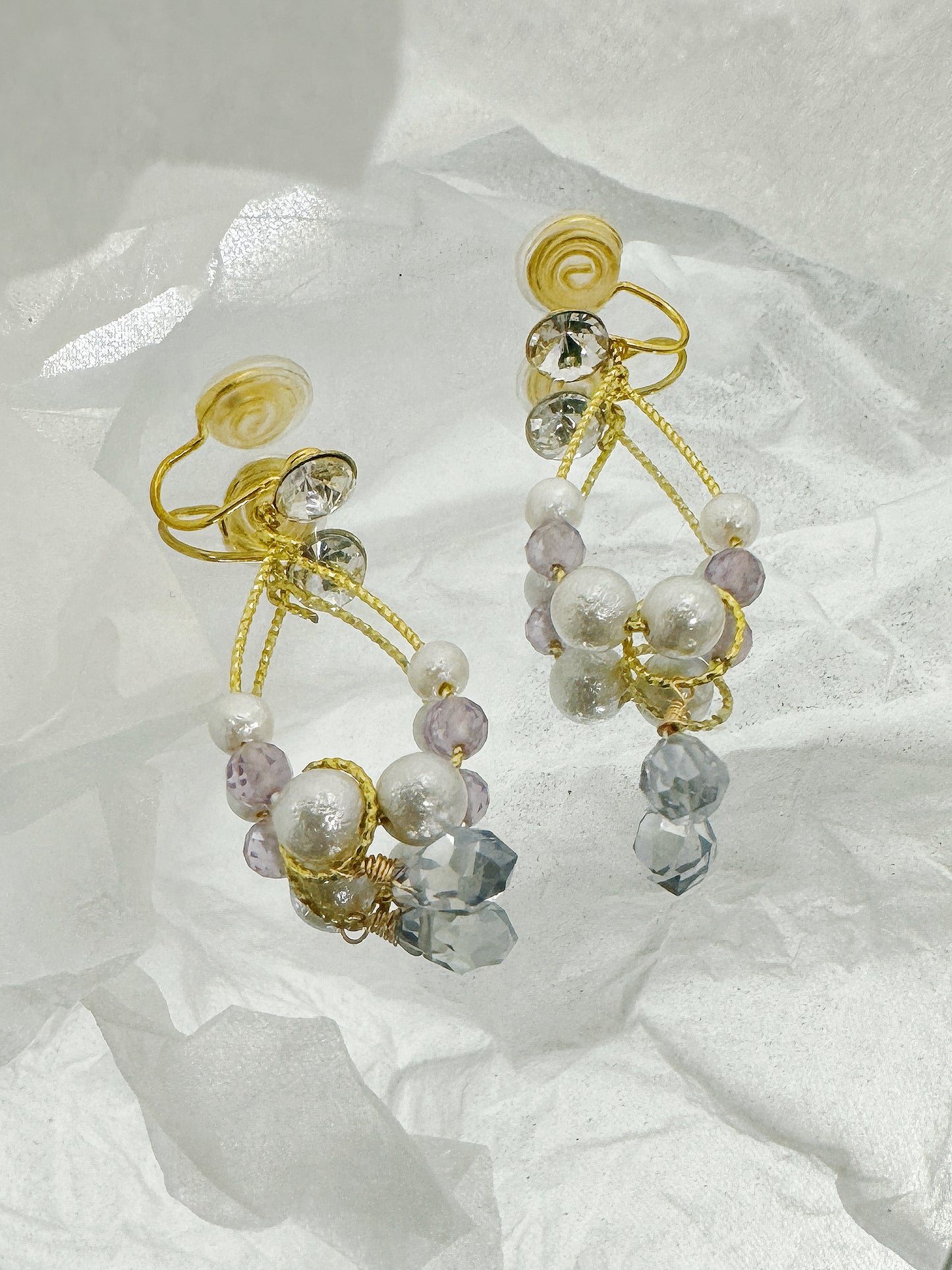 Gold & Crystal Beaded Clip-On Earrings โ€“ Handmade Elegant Non-Pierced Jewelry