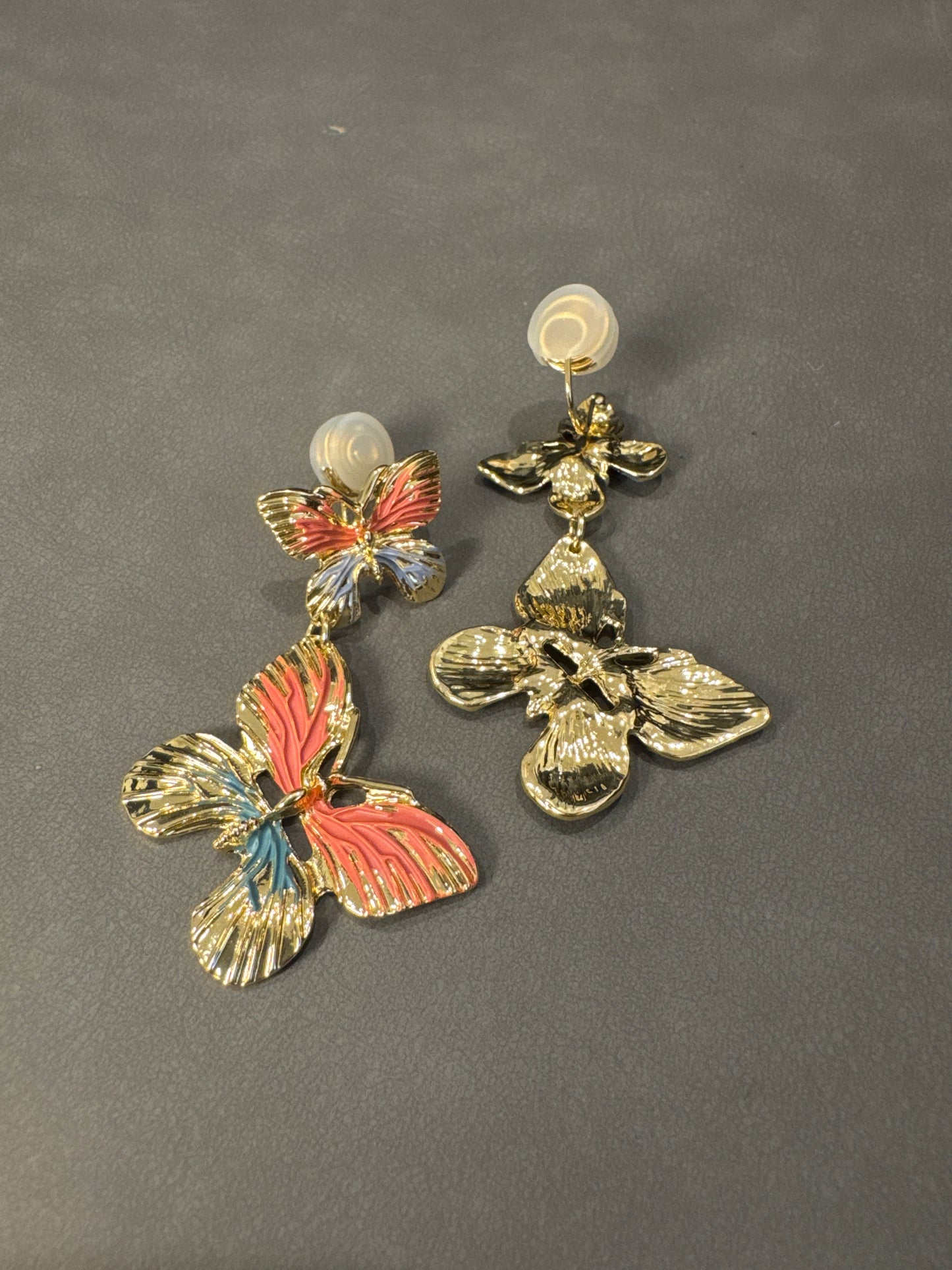 Golden Metal Color Painted Double Butterfly Clip On Earrings