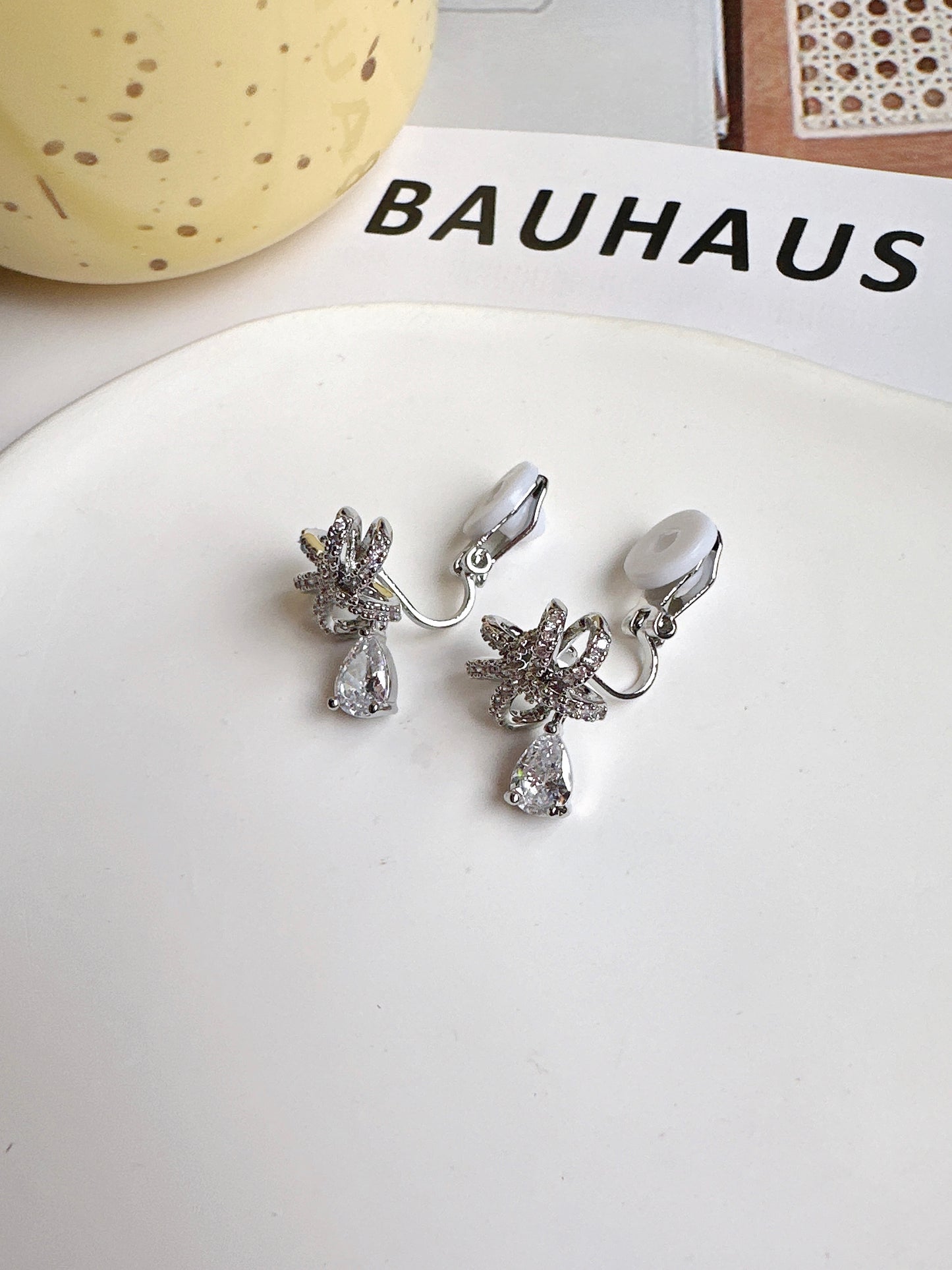 Silver Bow Zircon Drop Clip On Earrings - B. silver-tone clip-on earrings for women.