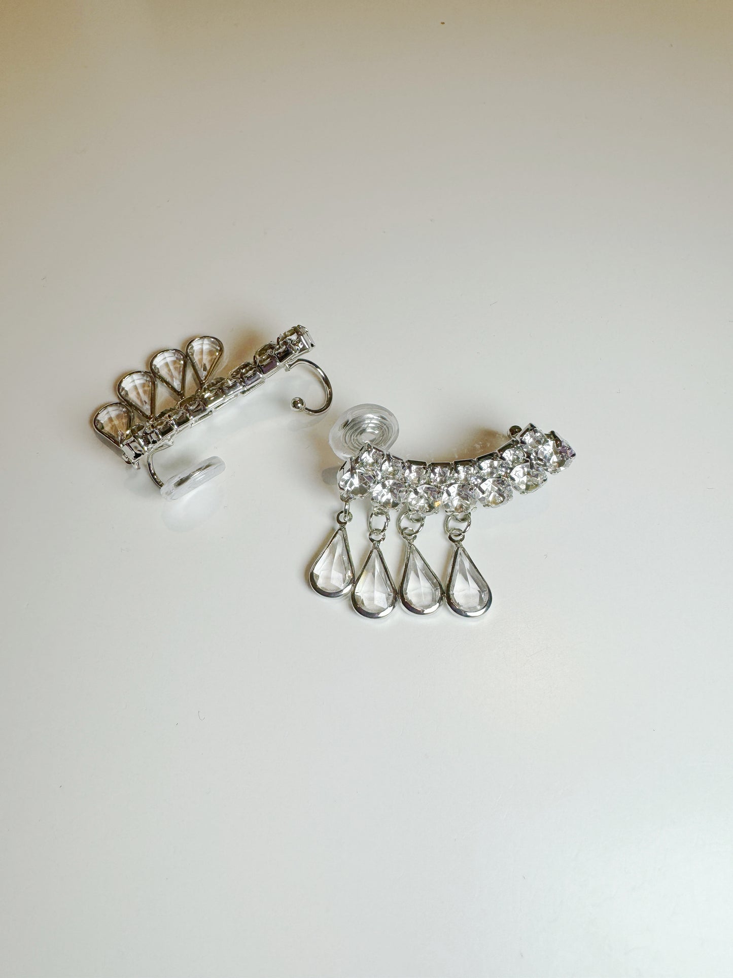 Curved Diamante Drops Ear Cuff Clip On Earrings. Handmade clip-on earrings for women.