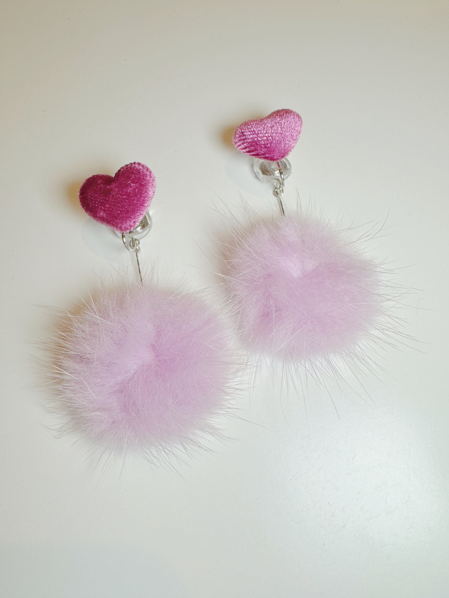 Pink Heart with Hairball Clip On Earrings. Handmade clip-on earrings for women.