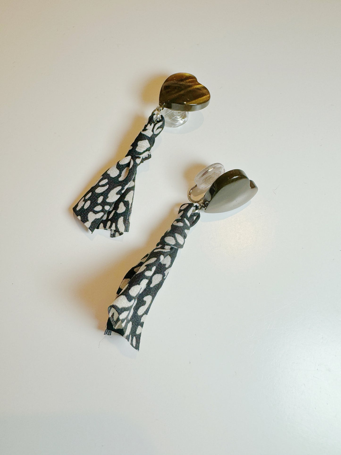 Caramel Heart with Floral Cloth Clip On Earrings. Handmade clip-on earrings for women.