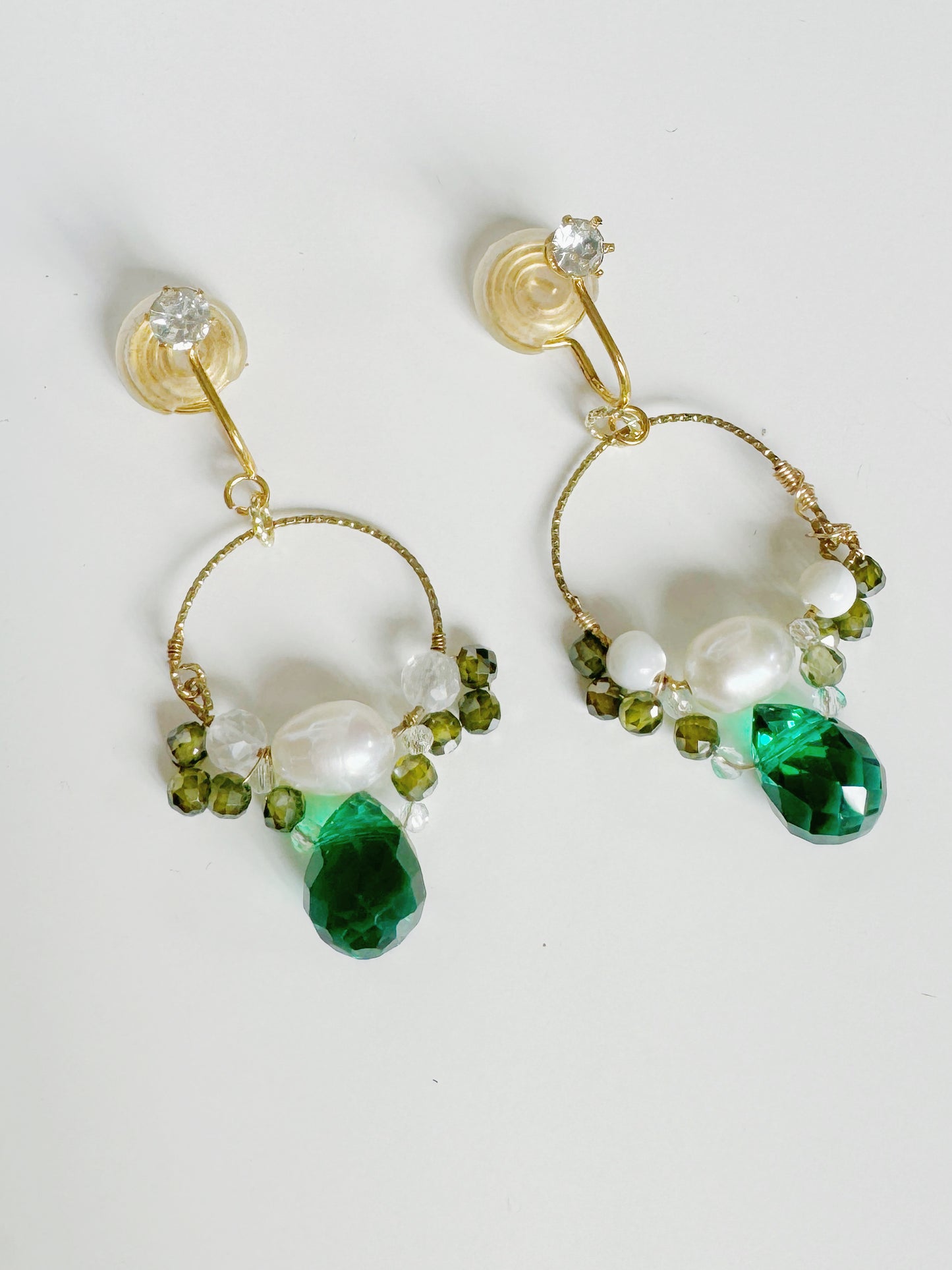 Green & Gold Hoop Clip-On Earrings โ€“ Handmade Elegant Gemstone Jewelry