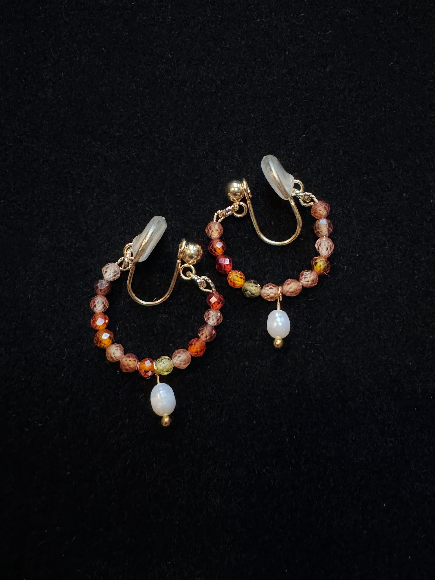 Handmade Colorful Faceted Zircon Pearl Pendant Earrings. pearl clip-on earrings for women.