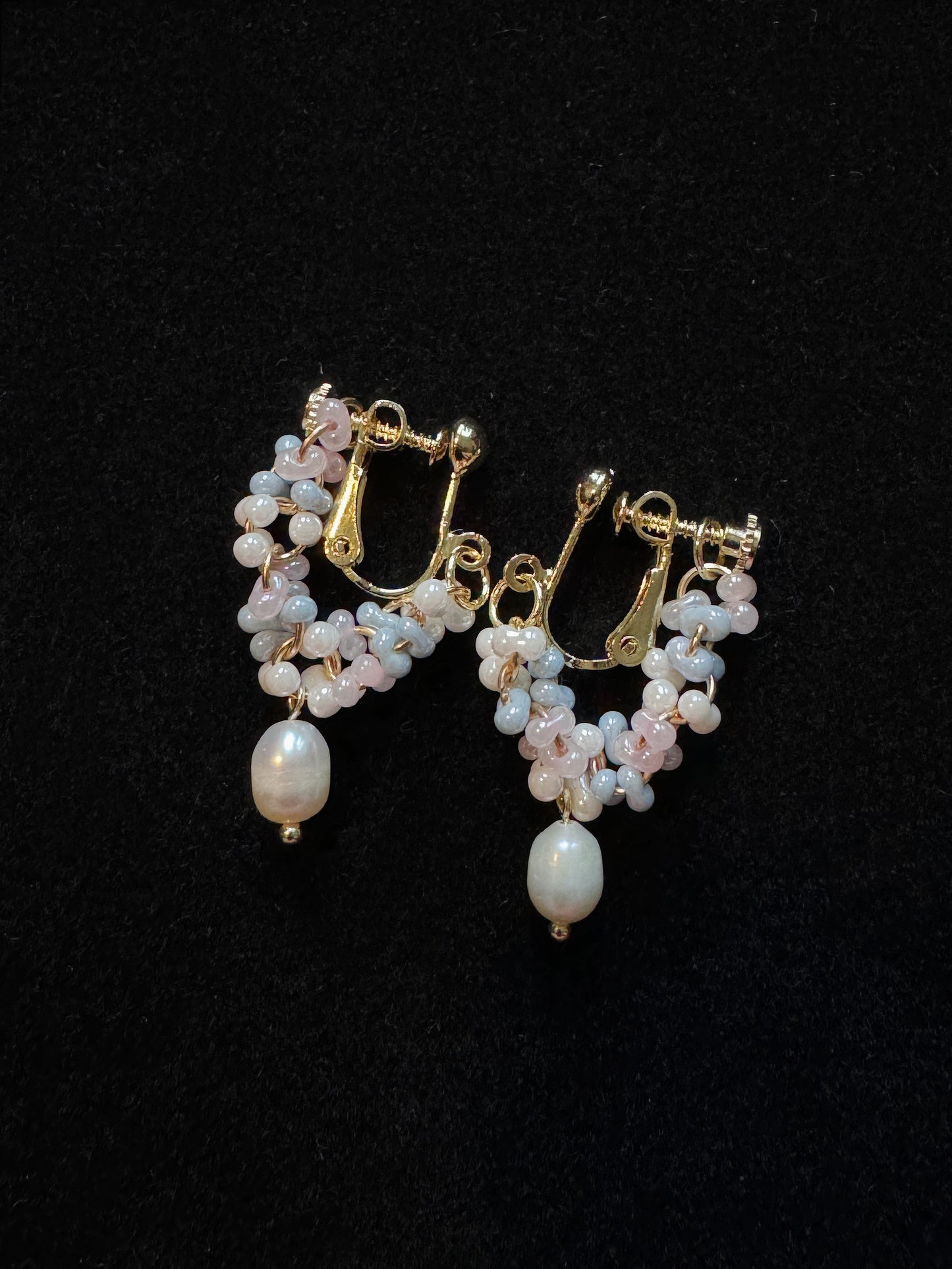 Handmade Macaron Czech Beads Clustered Waterdrop-Shaped Freshwater Pearl Ear Clips. pearl clip-on earrings for women.