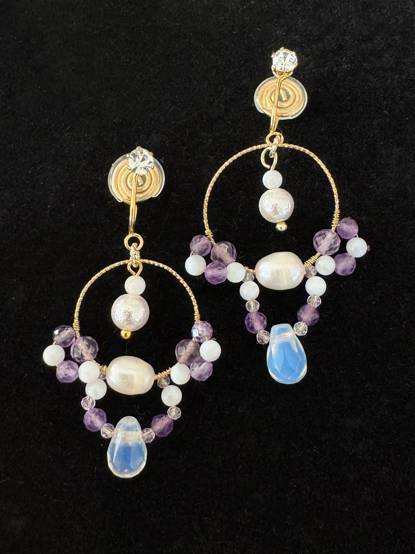 Handmade 14k Gold Amethyst Pearl and Protein Stone Ear Clip on. natural stone, pearl, gold-tone clip-on earrings for women.