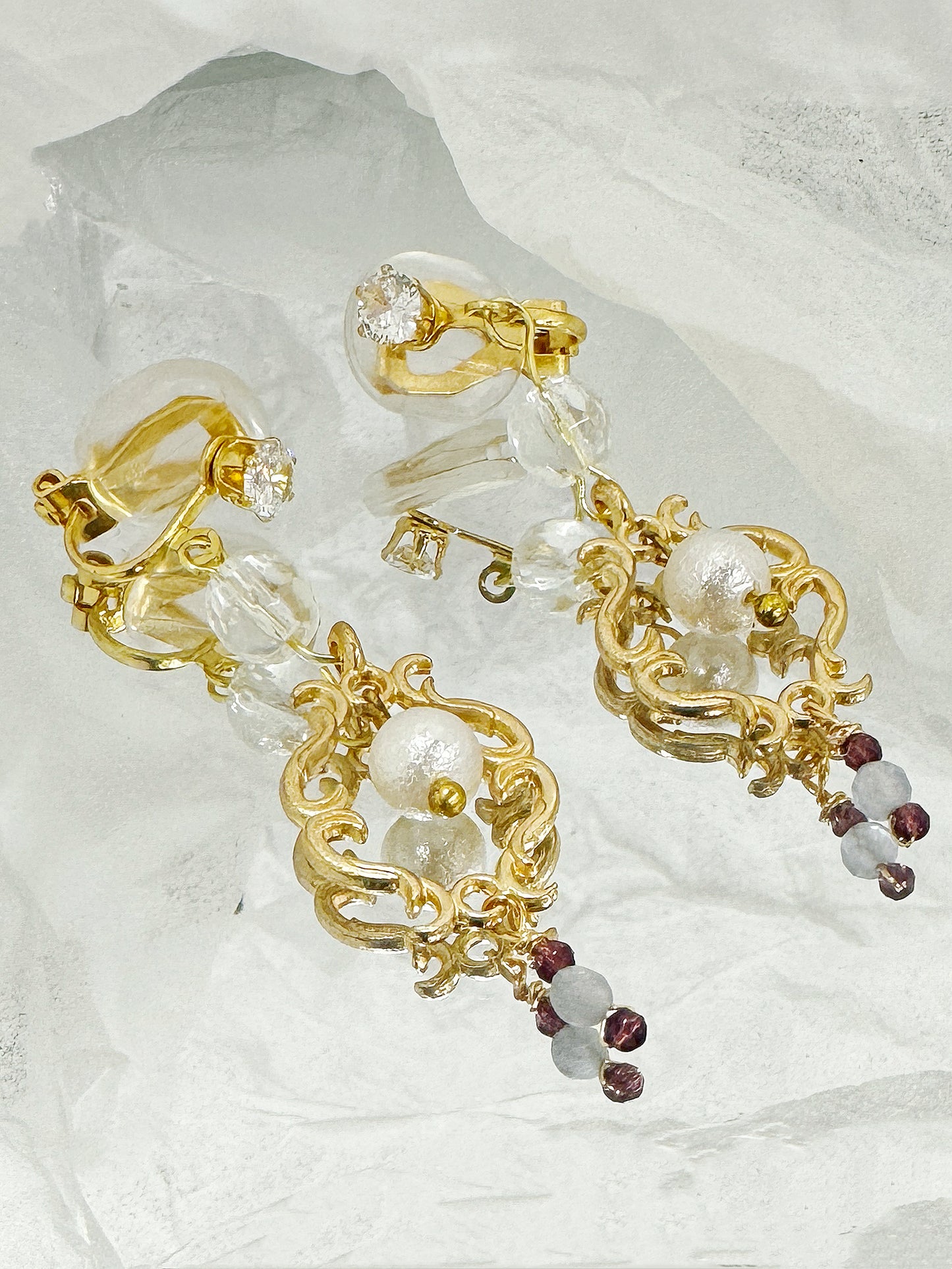 Baroque Pear and Gemstone Vintage Style Clip-On Earrings โ€“ Handmade Jewelry. natural stone clip-on earrings for women.