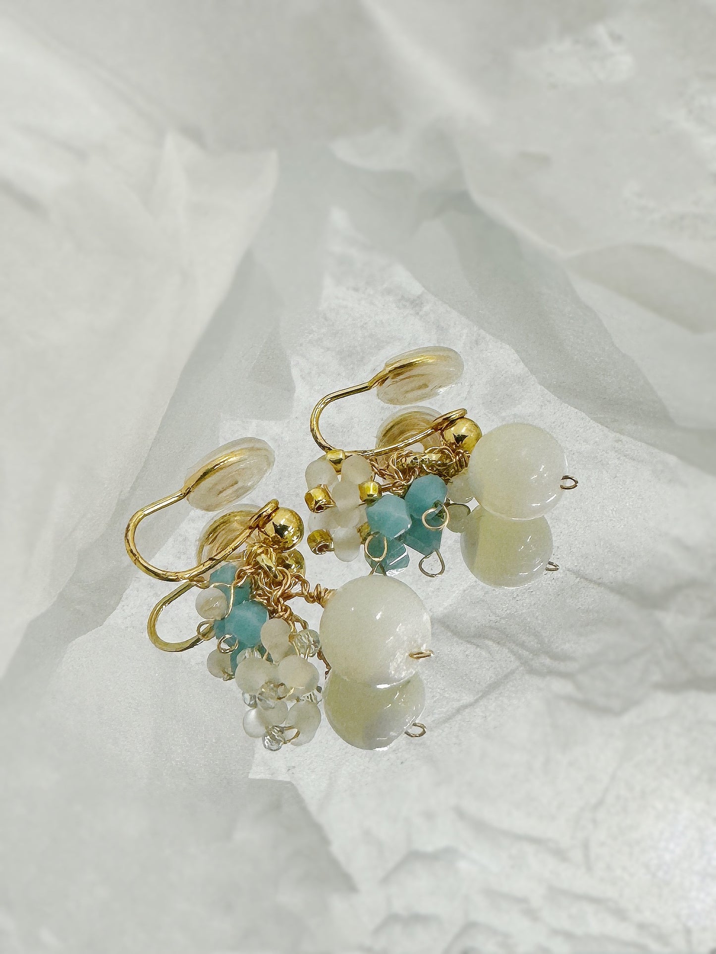 Ocean Breeze Aquamarine & Moonstone Clip-On Earrings Handmade. natural stone clip-on earrings for women.