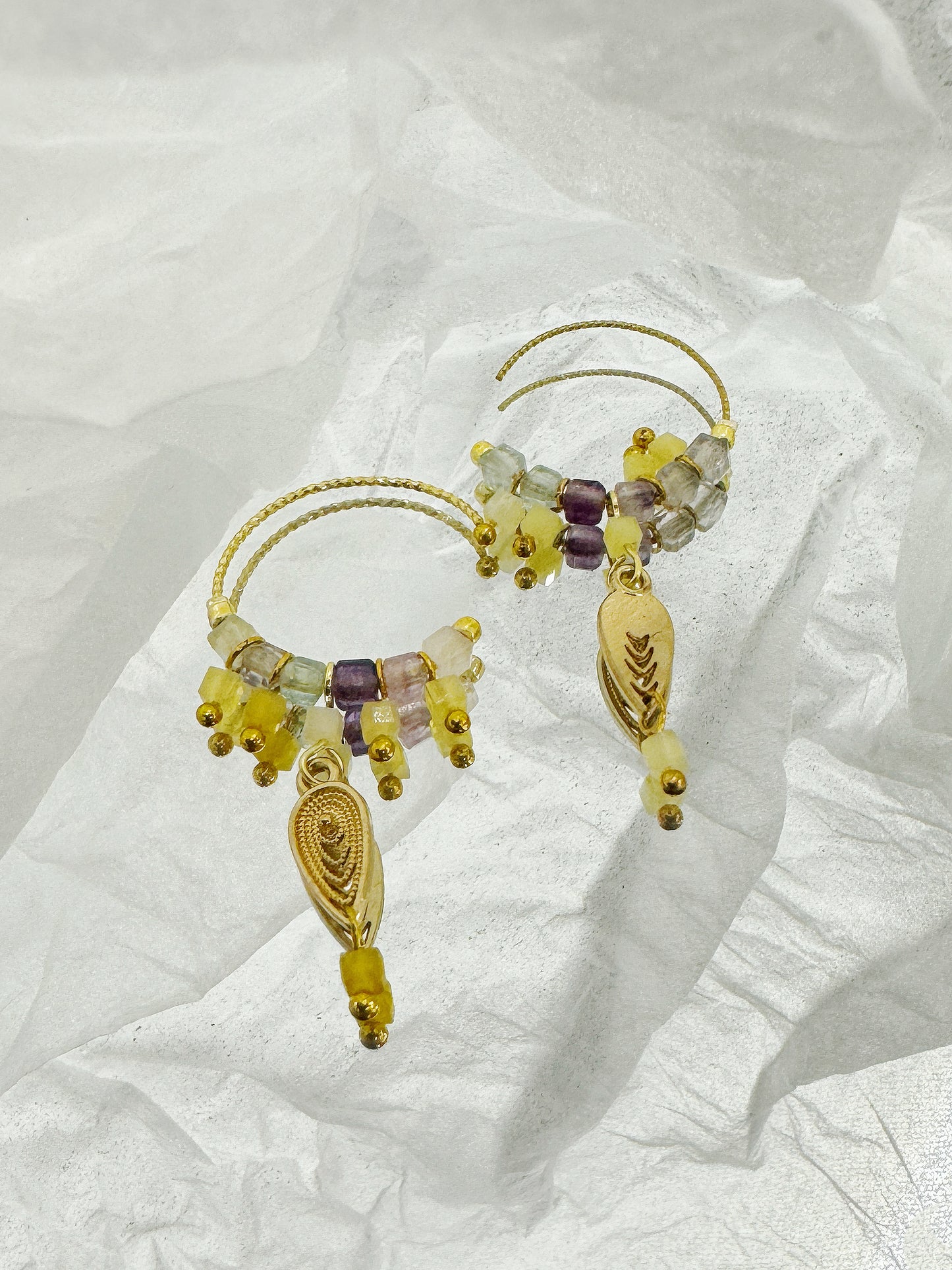 Golden Vine Citrine & Amethyst Boho Clip-On Earrings Handmade. gold-tone clip-on earrings for women.