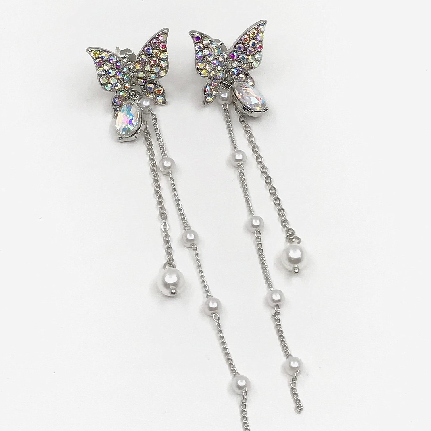White Diamante Butterfly Drop Earrings - Belly Bear Workshop