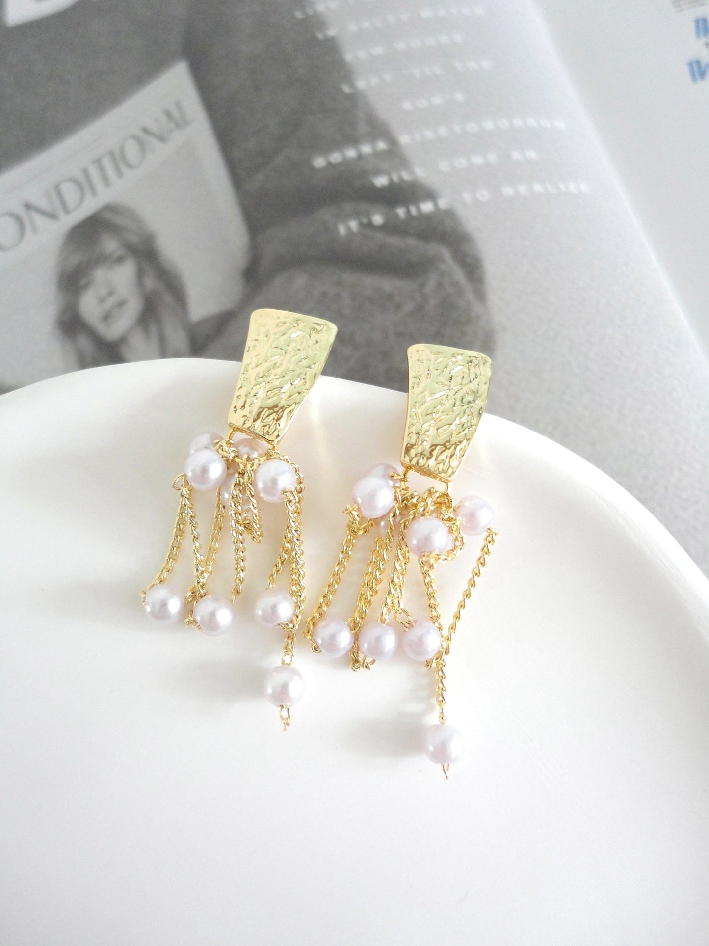 Golden Textured with Multi Chain Pearl Earrings. pearl, gold-tone clip-on earrings for women.