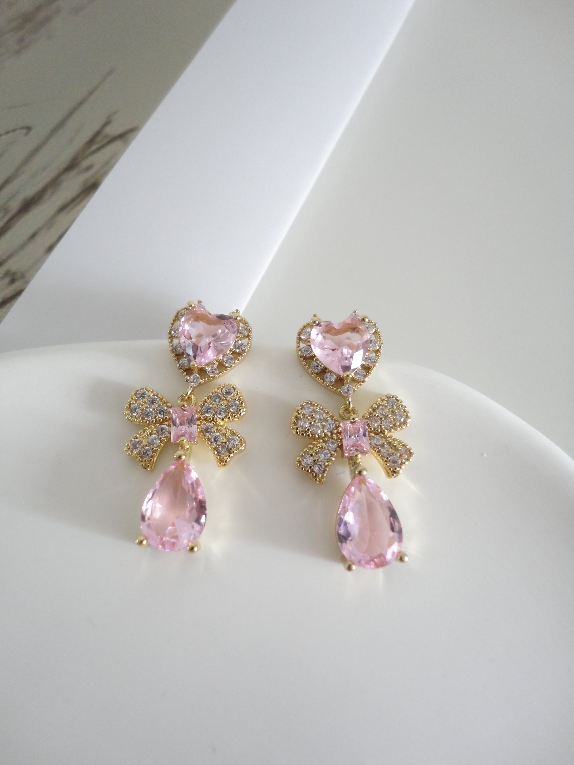 Golden Pink Heart Zircon Bow Drop Earrings – Belly Bear Workshop