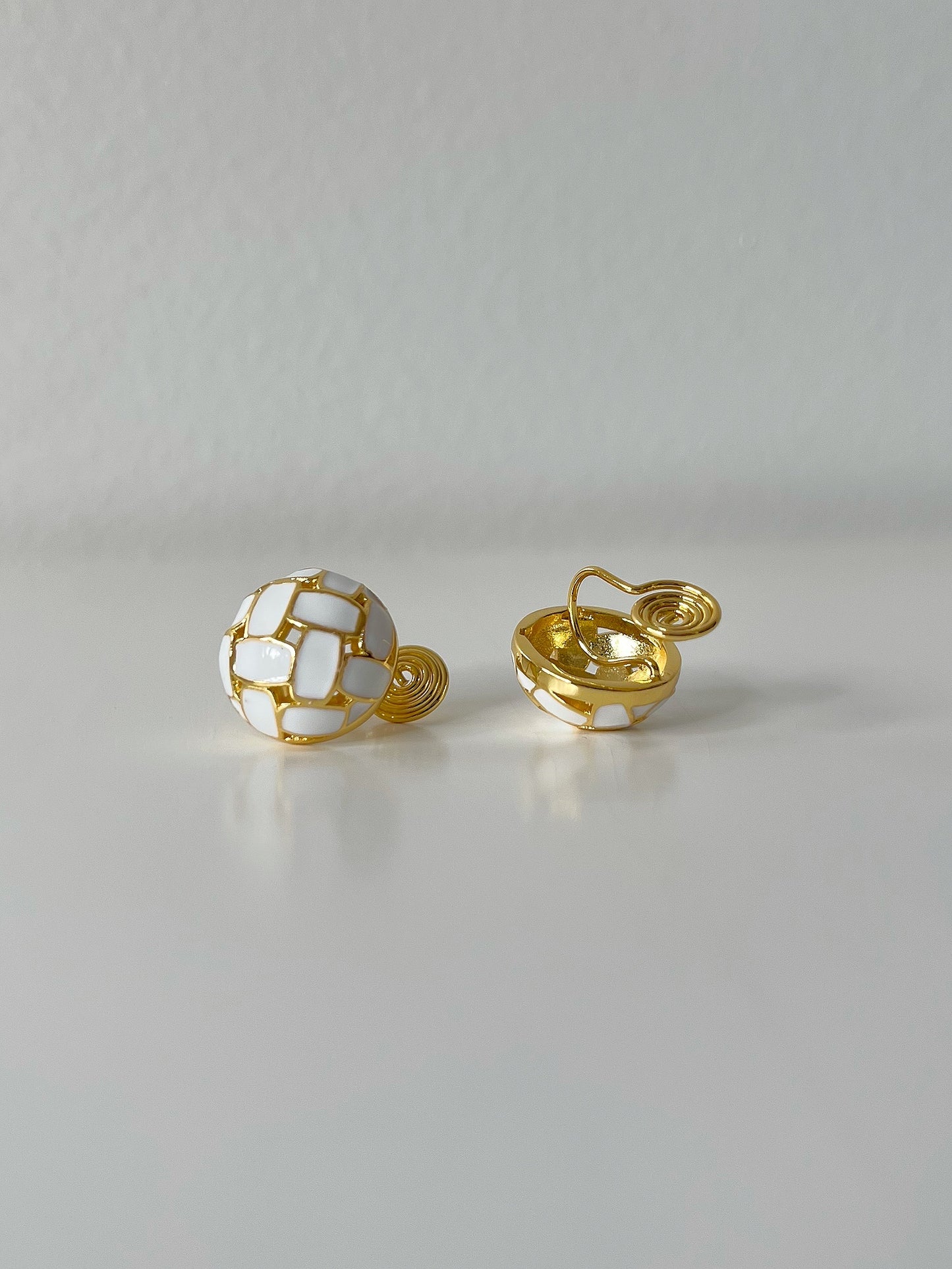 White Weave Textured Round Clip On Earrings. Handmade clip-on earrings for women.