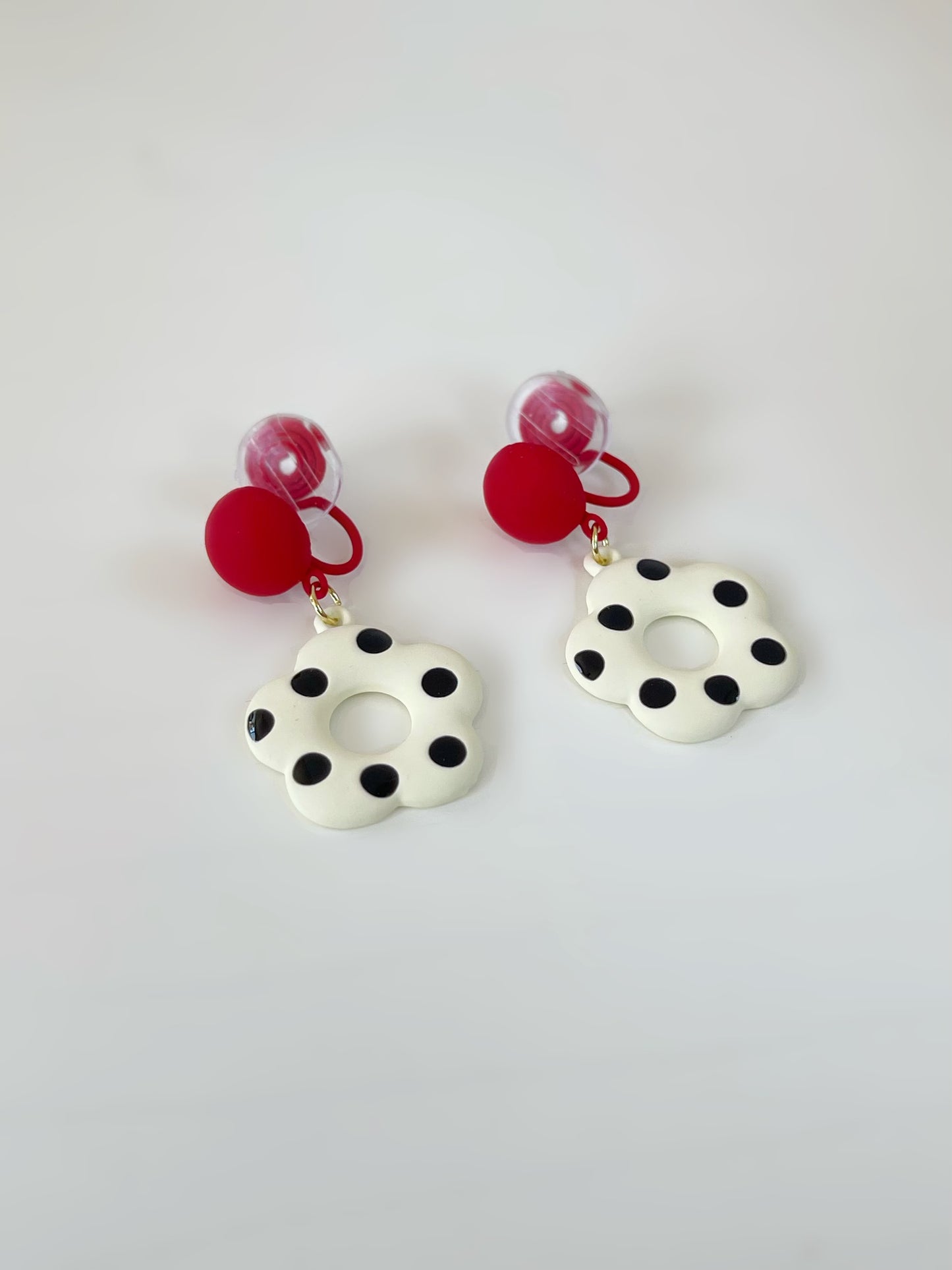 Red and White Flower with Polka Dot Clip On Earrings. Handmade clip-on earrings for women.