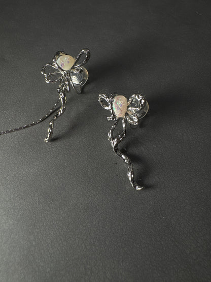 Silver Metal Bow Mismatch Clip On Earrings