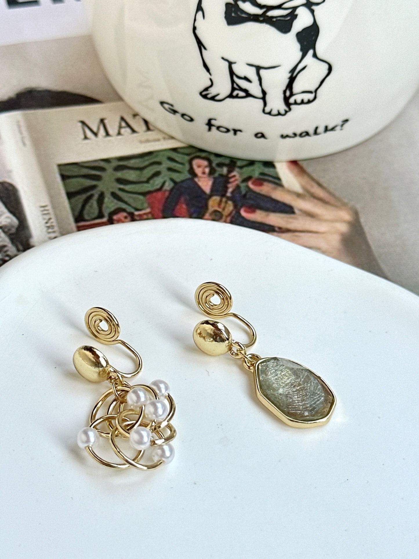 Golden Grey Crystal Mismatch Clip On Earrings