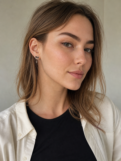 AI-generated try-on image - Black Zircon Butterfly with Star Clip On Earrings