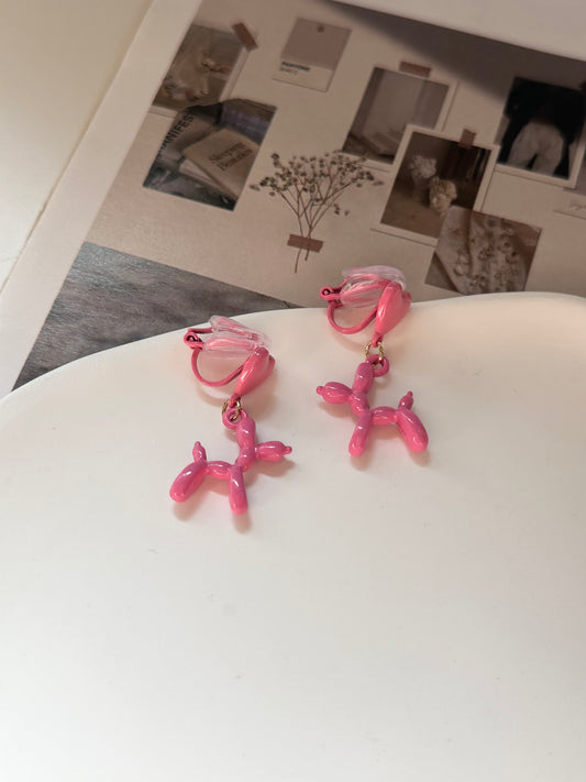 Pink Heart and Balloon Dog Clip On Earrings. Handmade clip-on earrings for women.