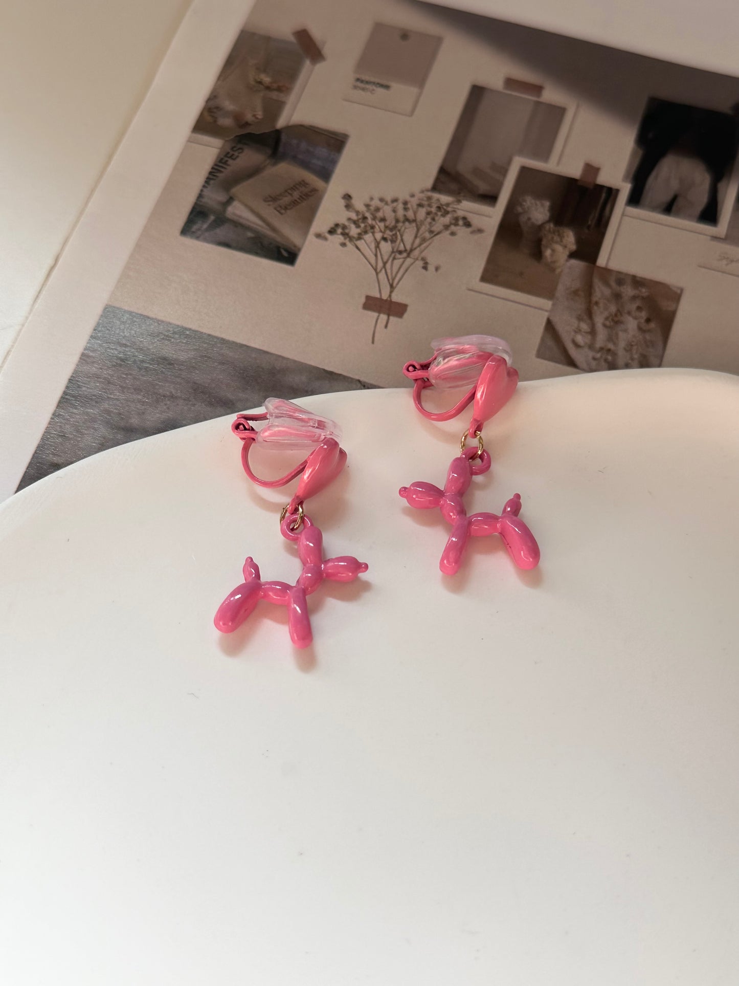 Pink Heart and Balloon Dog Clip On Earrings