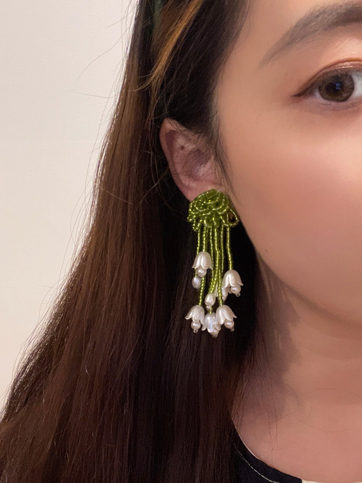 Green Beaded Tassel Bell Orchids Clip On Earrings