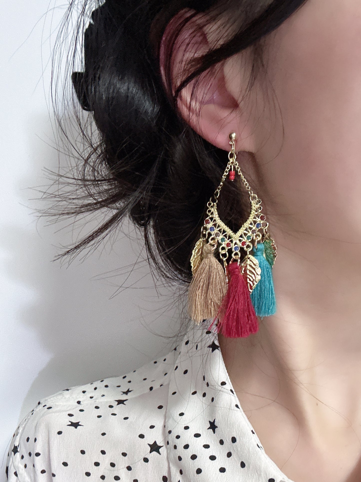 Golden Leaves with Tassel Clip On Earrings