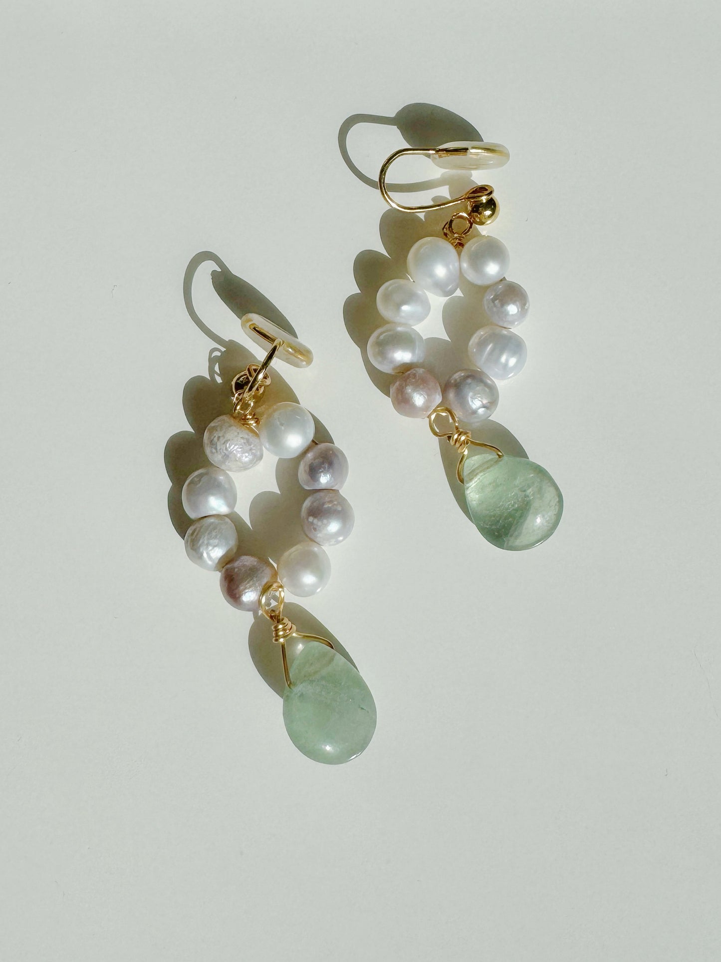 Jade Pearl Harmony Handmade Natural Gemstone Clip-On Earrings. natural stone, pearl clip-on earrings for women.