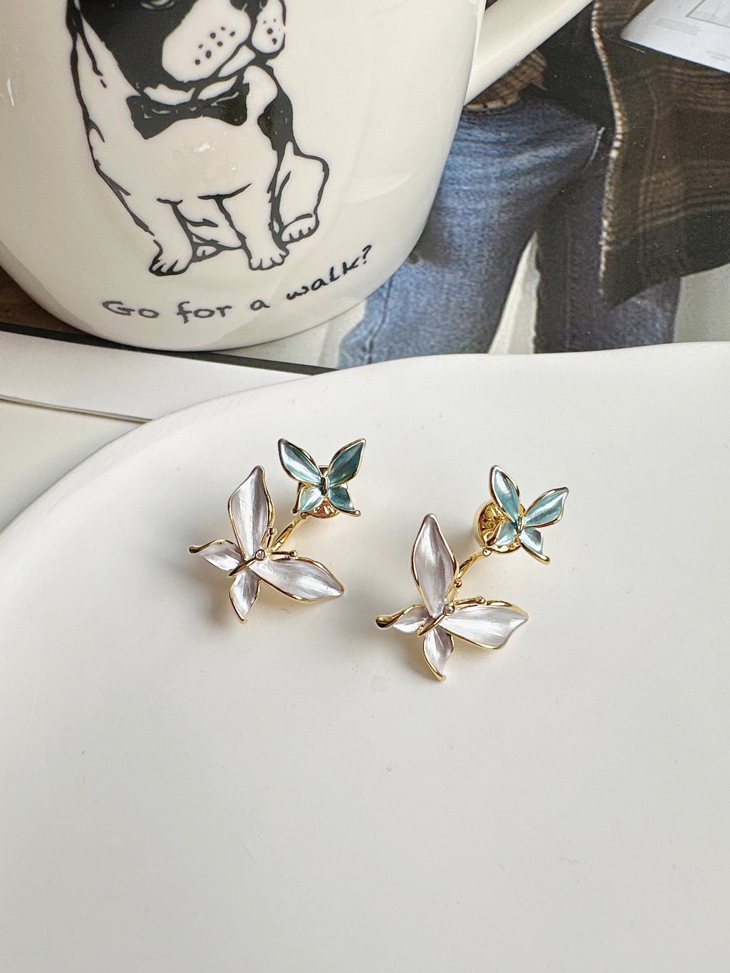 Blue and White Double Butterfly Stud Earrings