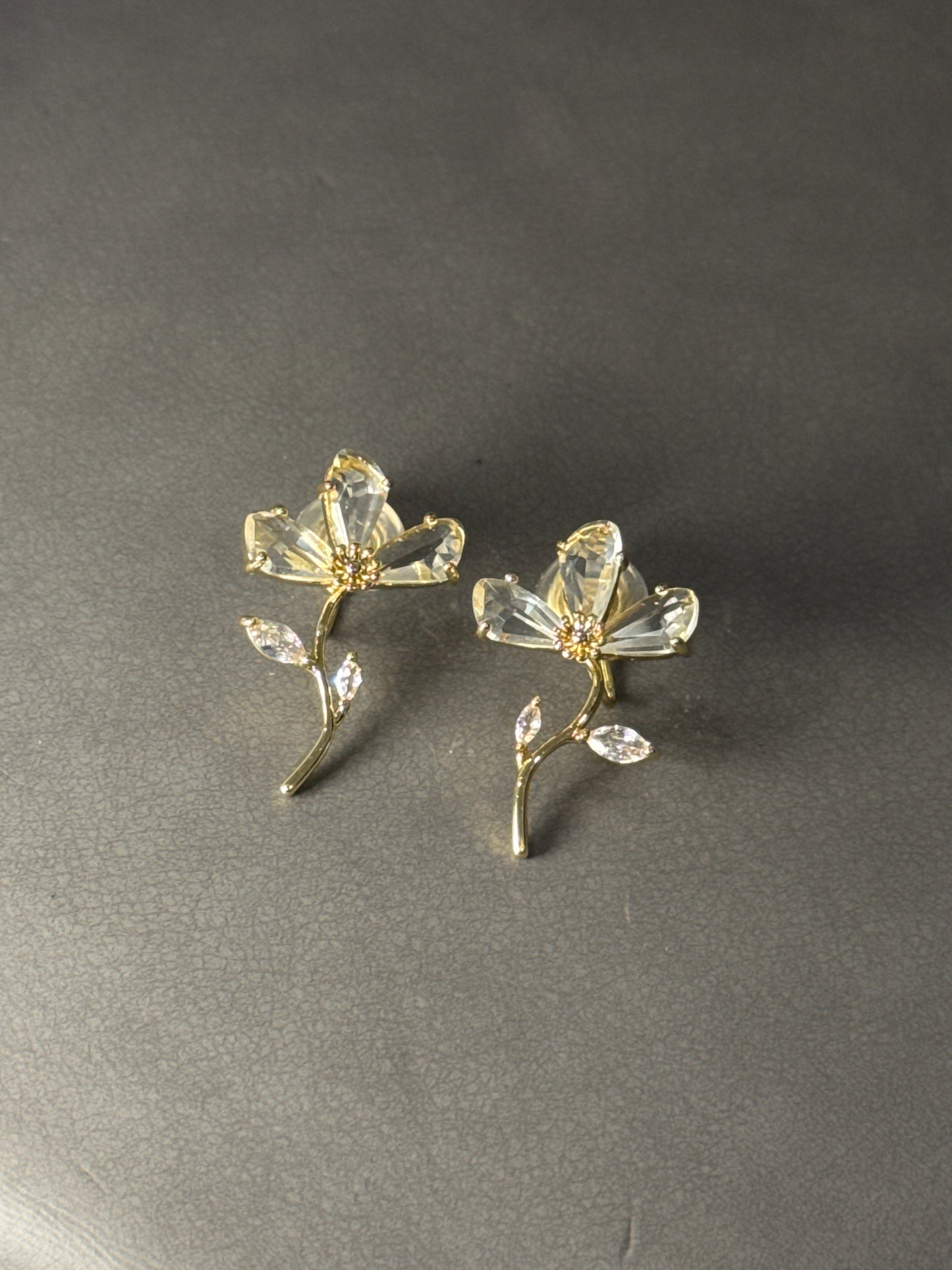 Golden Zircon Half Flower Crystal Clip On Earrings