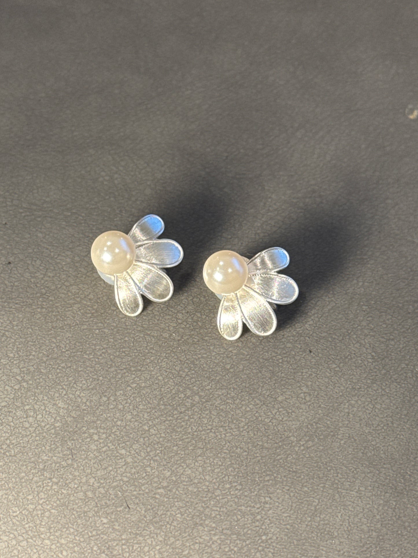 Silver Matte Pearlised Flower Clip On Earrings