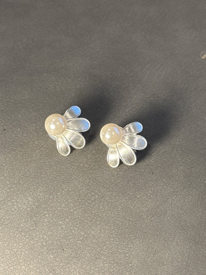 Silver Matte Pearlised Flower Clip On Earrings