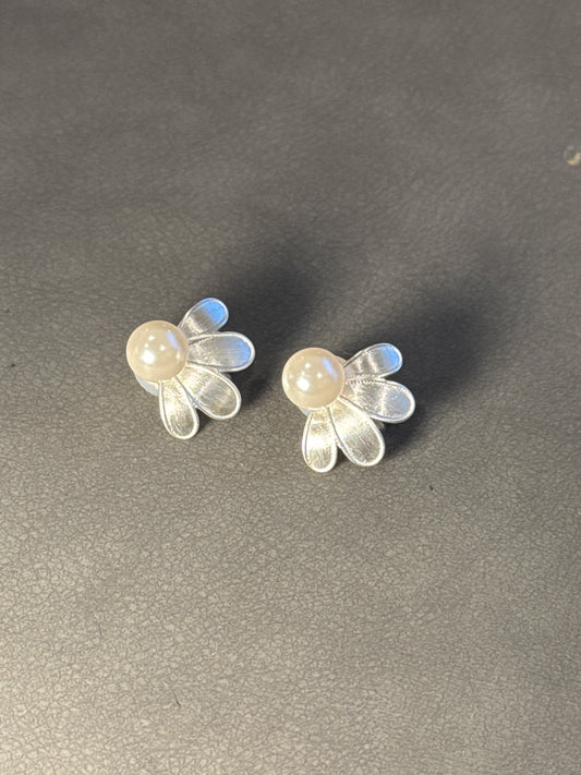 Silver Matte Pearlised Flower Clip On Earrings