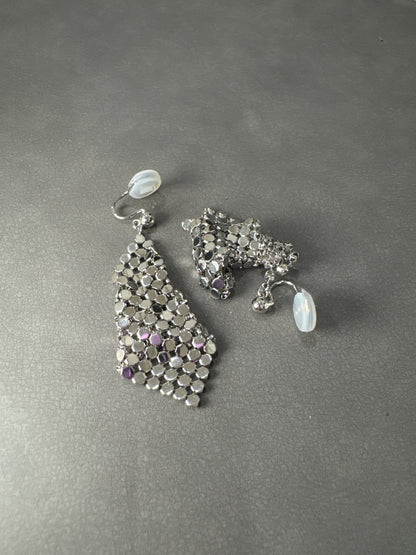 Silver Matte Foldable Square Woven Clip On Earrings