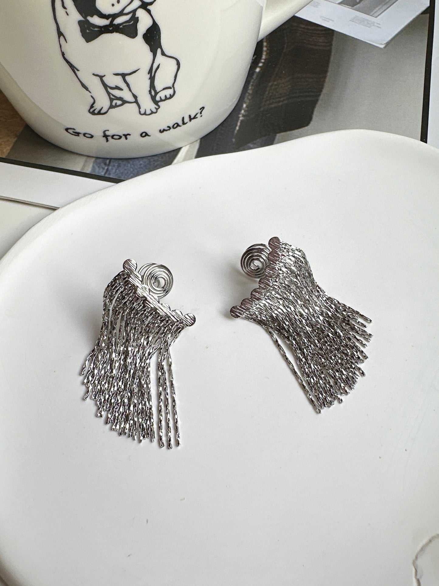 Silver Row Tassel Clip On Earrings