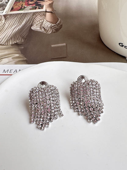 Silver Heart Diamante Cup Chain Tassel Clip On Earrings. silver-tone clip-on earrings for women.