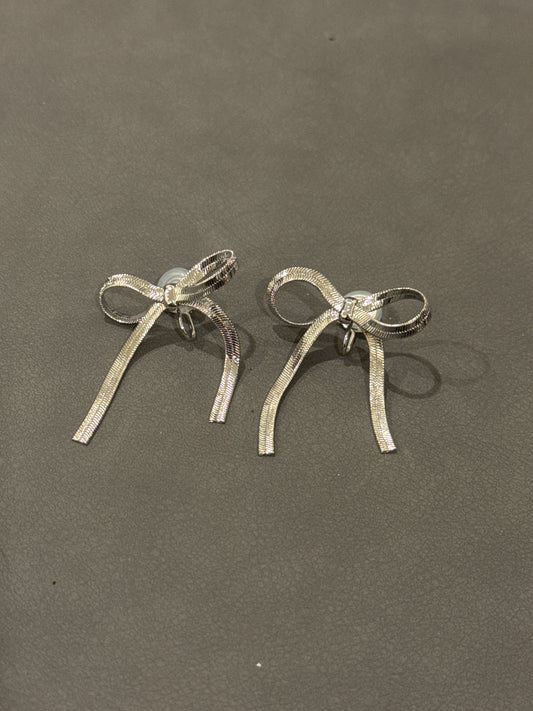 Silver Metal Bow Clip On Earrings