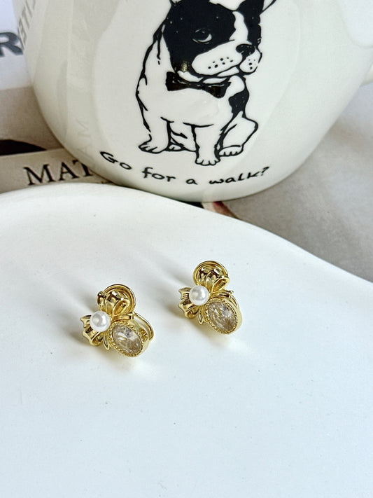 Golden Bow and Zircon Clip On Earrings