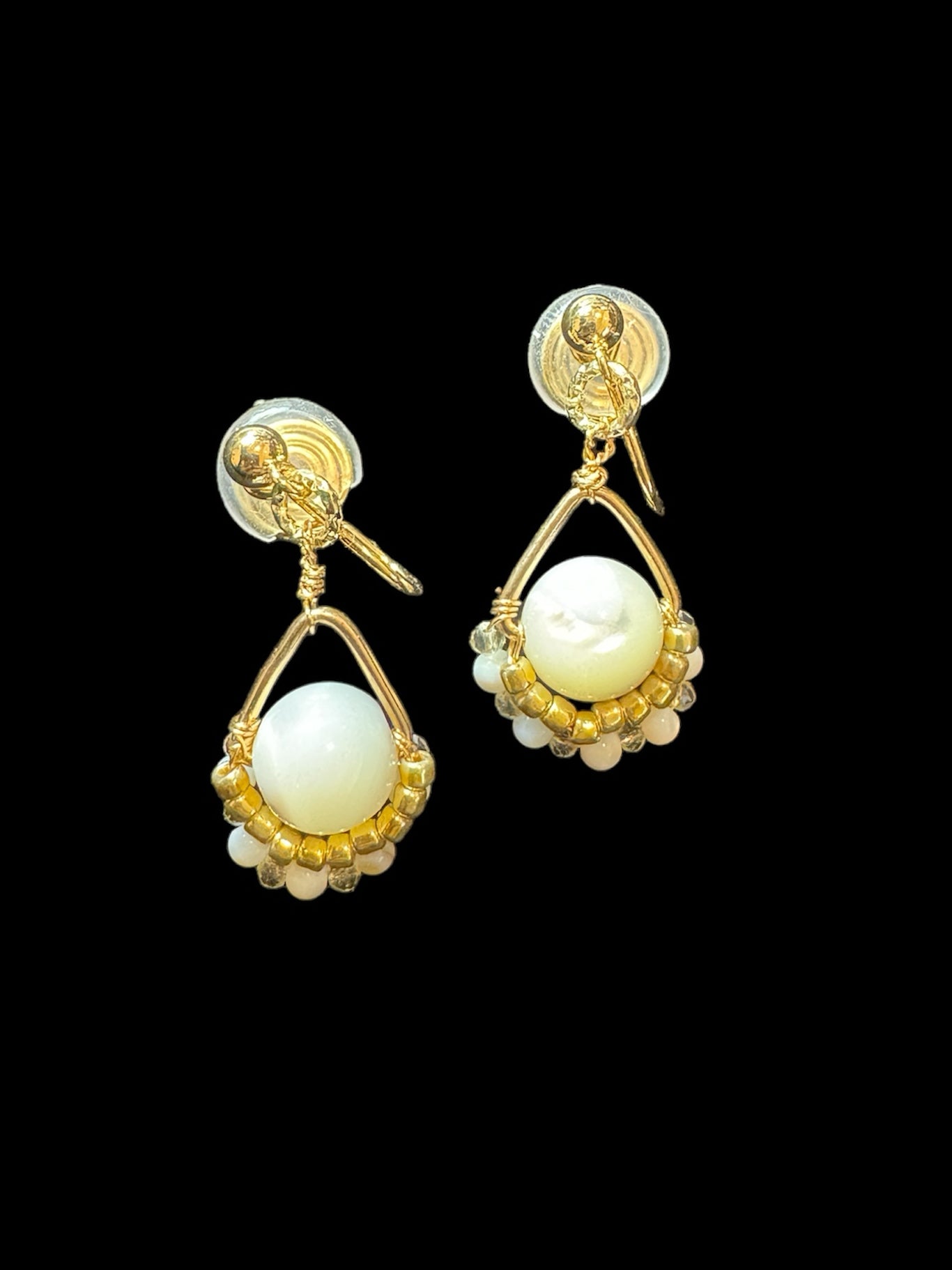 Golden Beaded and Pearly Drop Clip-On Earrings – Handmade Non-Pierced Jewelry. pearl, gold-tone clip-on earrings for women.