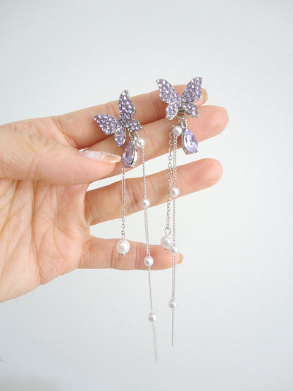 Purple Diamante Butterfly Clip On Earrings. Handmade clip-on earrings for women.