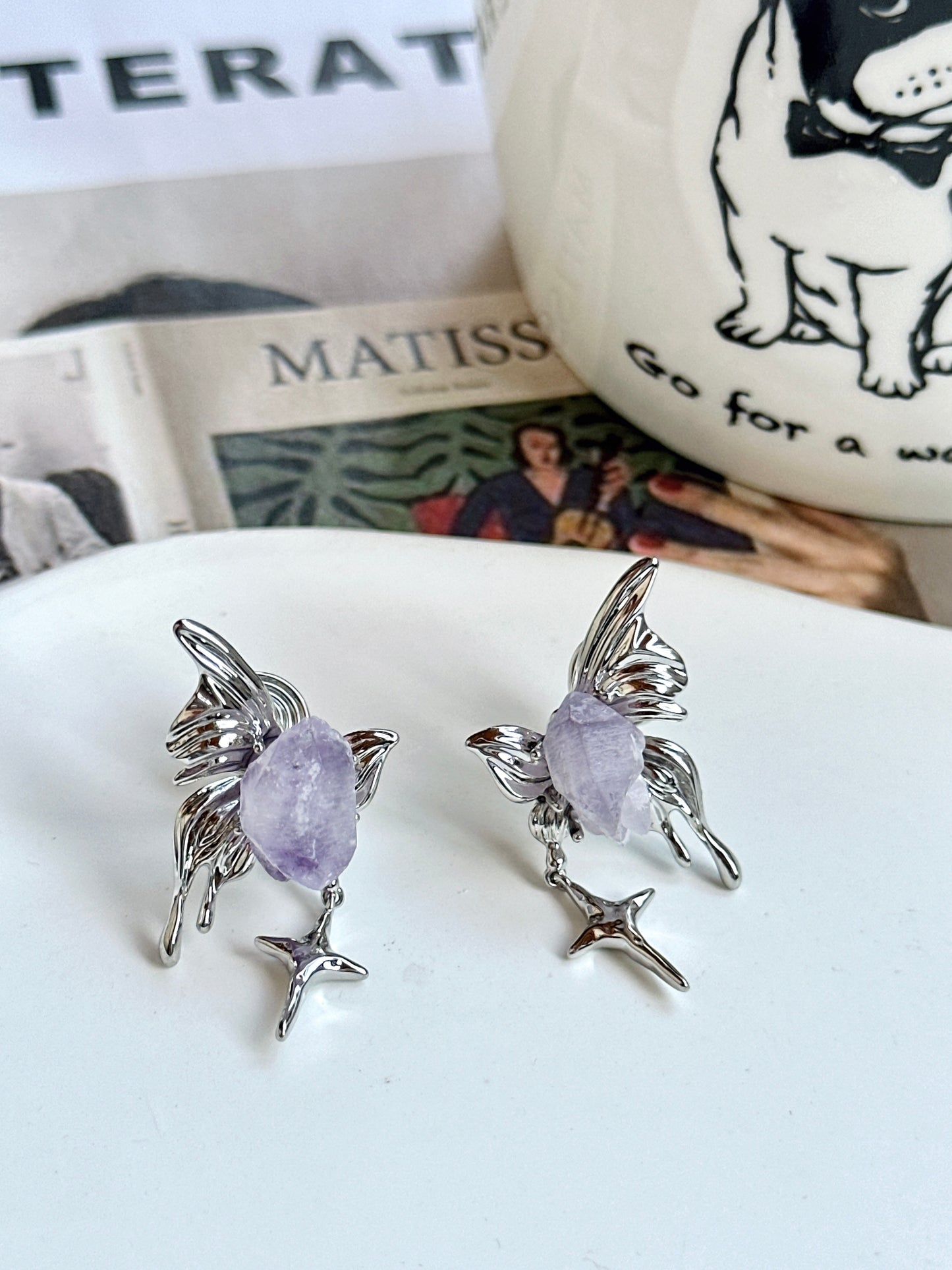 Purple Zircon Butterfly Pendant Clip On Earrings