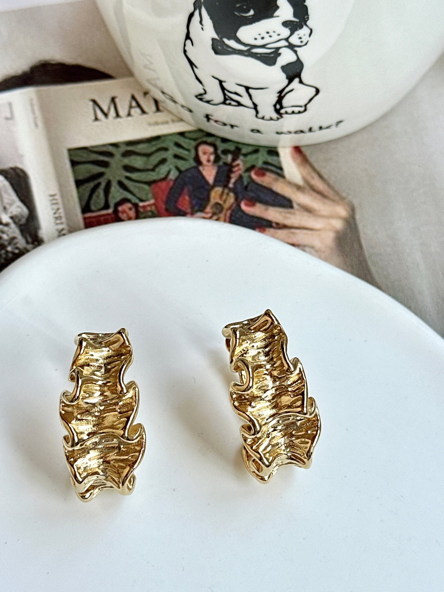 Golden Metal Pleat Textured Earrings