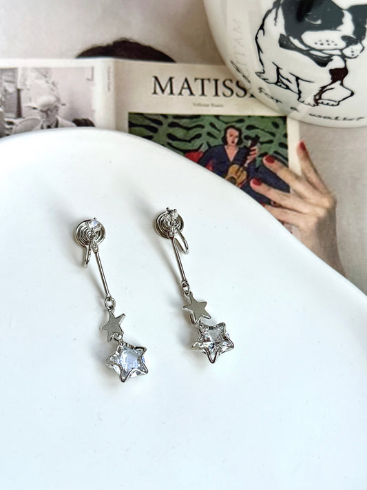 Silver Diamante Zircon Star Tassel Clip On Earrings