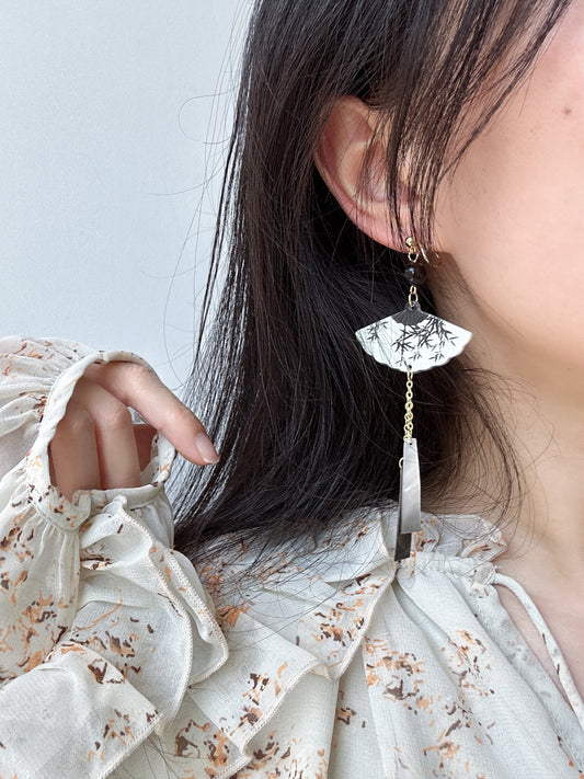 Vintage Chinese Style Ink Black Fan Shaped Clip On Earrings