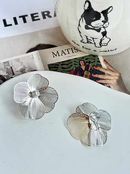 Silver Hollow Line Flower Clip On Earrings