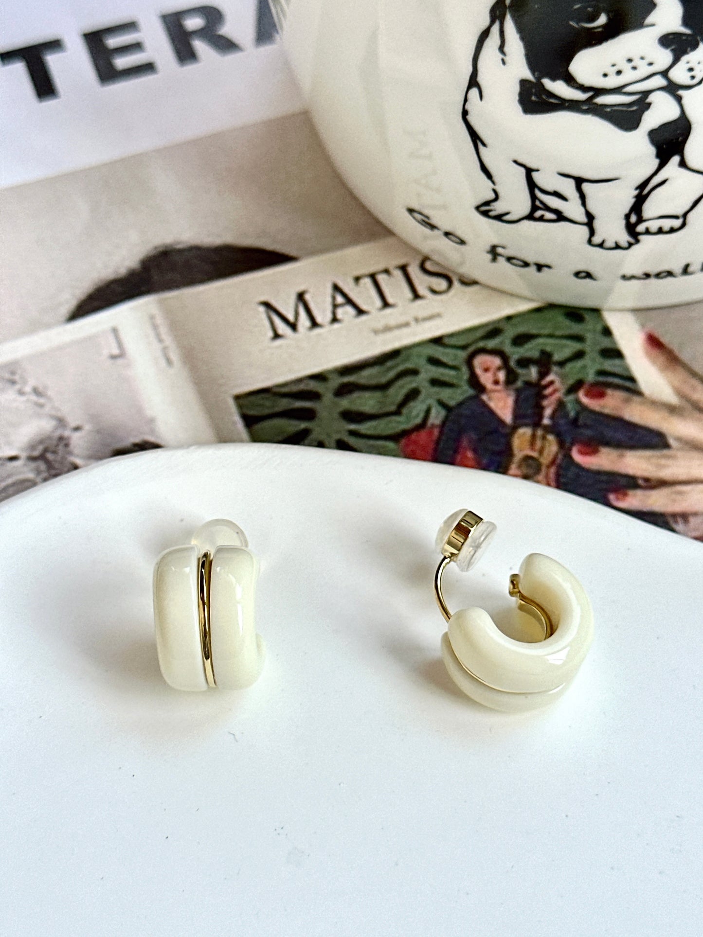 White Candy Roll Hoop Clip On Earrings