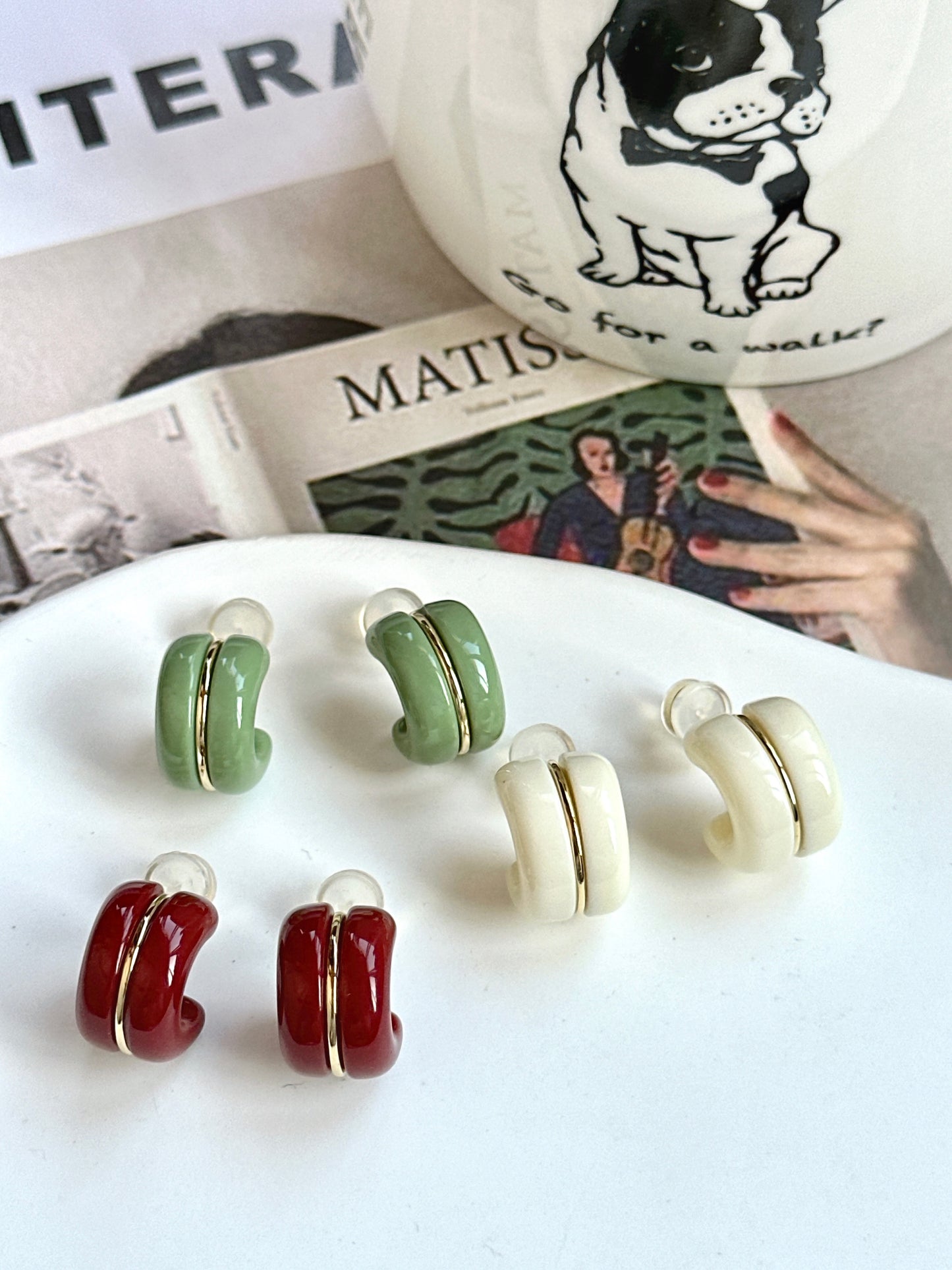 White Candy Roll Hoop Clip On Earrings