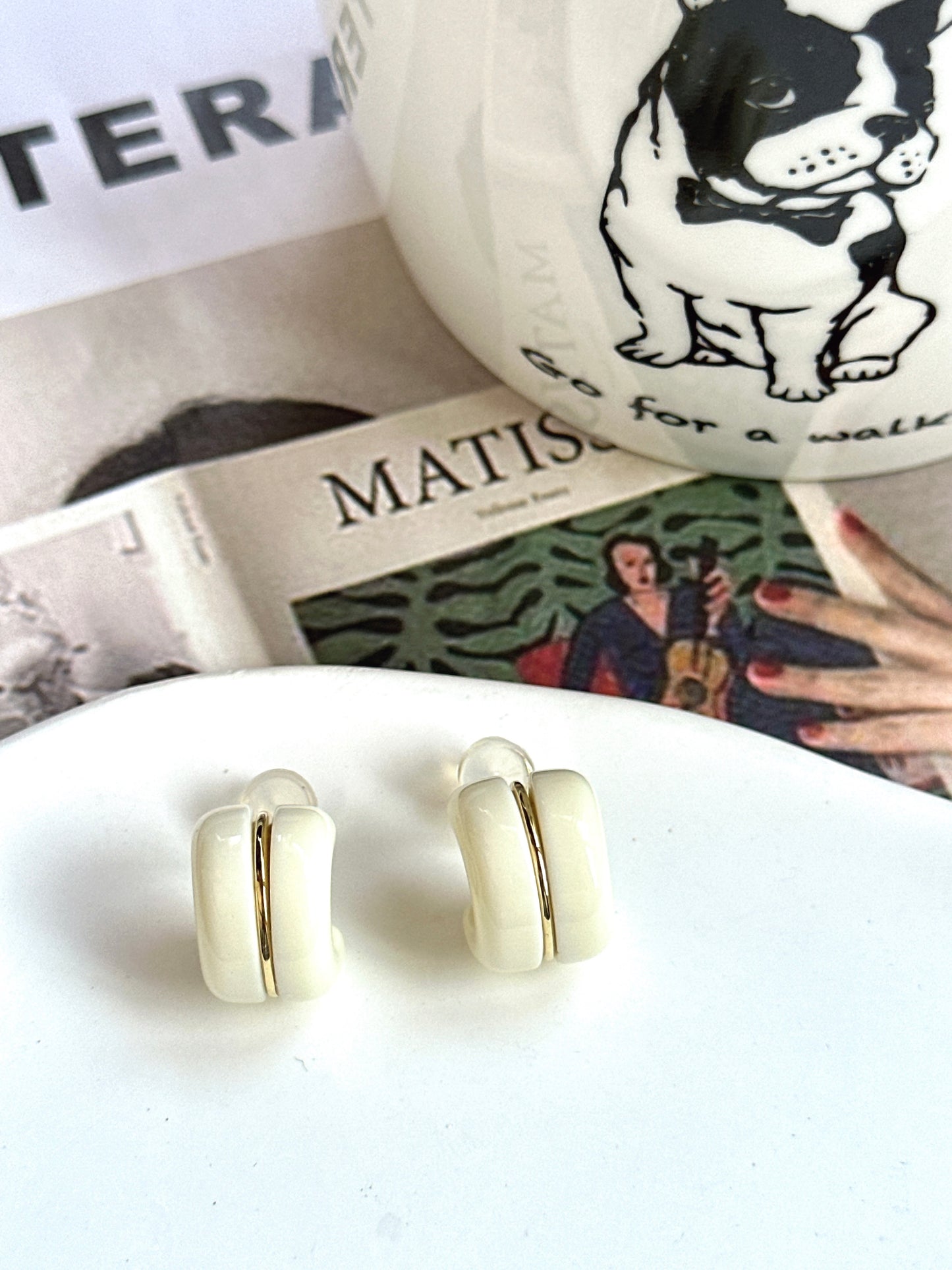 White Candy Roll Hoop Clip On Earrings. Handmade clip-on earrings for women.